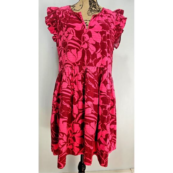 Evereve Dresses & Skirts - Evereve Charlotte Pink Floral Mini Dress Ruffle Flutter Sleeve, Pockets, Sz L